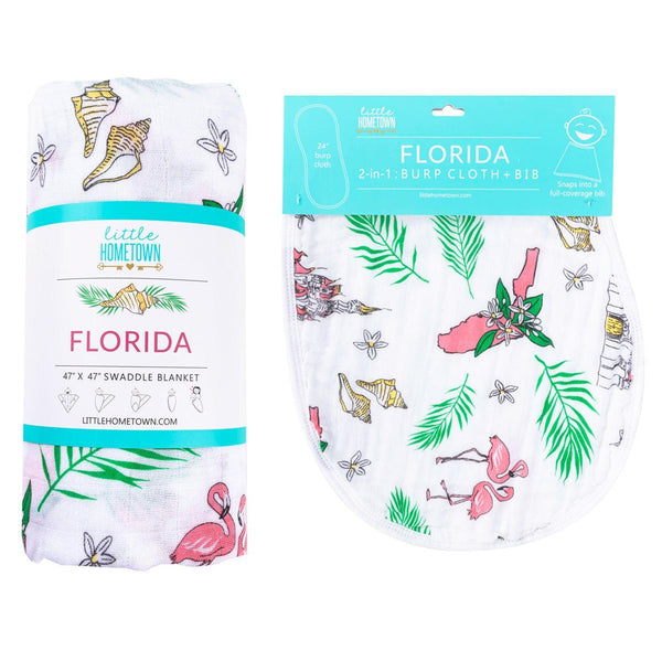 Little Hometown Gift Set: Florida Baby Muslin Swaddle Blanket and Burp Cloth/Bib Combo (Floral)