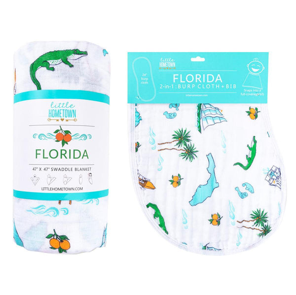 Little Hometown Gift Set: Florida Baby Muslin Swaddle Blanket and Burp Cloth/Bib Combo