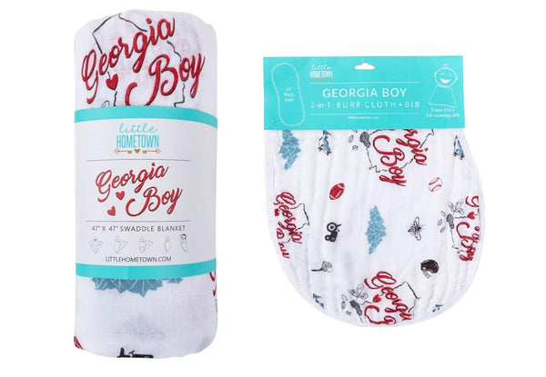 Little Hometown Gift Set: Georgia Boy Muslin Swaddle Blanket and Burp Cloth/Bib Combo