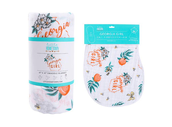 Little Hometown Gift Set: Georgia Girl Muslin Swaddle Blanket and Burp Cloth/Bib Combo