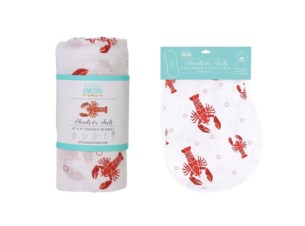 Little Hometown Gift Set: Heads Tails Crawfish Lobster Baby Muslin Swaddle Blanket and Burp Cloth/Bib Combo