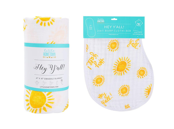 Little Hometown Gift Set: Hey Y'all Baby Muslin Swaddle Blanket and Burp Cloth/Bib Combo