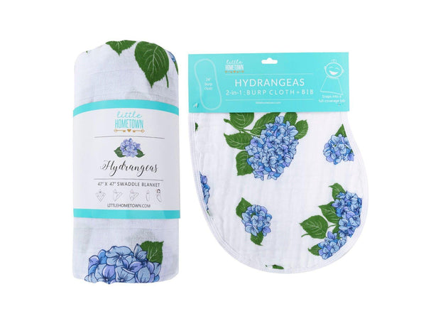 Little Hometown Gift Set: Hydrangeas Baby Muslin Swaddle Blanket and Burp Cloth/Bib Combo