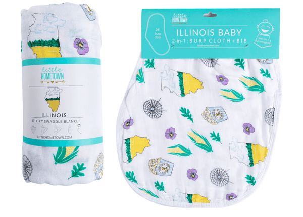 Little Hometown Gift Set: illinois Baby Muslin Swaddle Blanket and Burp Cloth/Bib Combo