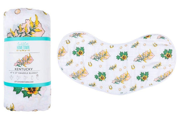 Little Hometown Gift Set: Kentucky Baby Muslin Swaddle Blanket and Burp Cloth/Bib Combo (Floral)