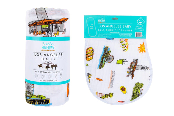 Little Hometown Gift Set: Los Angeles Baby Muslin Swaddle Blanket and Burp Cloth/Bib Combo