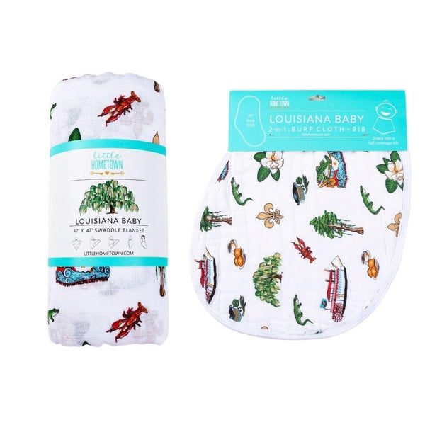 Little Hometown Gift Set: Louisiana Baby Muslin Swaddle Blanket and Burp Cloth/Bib Combo