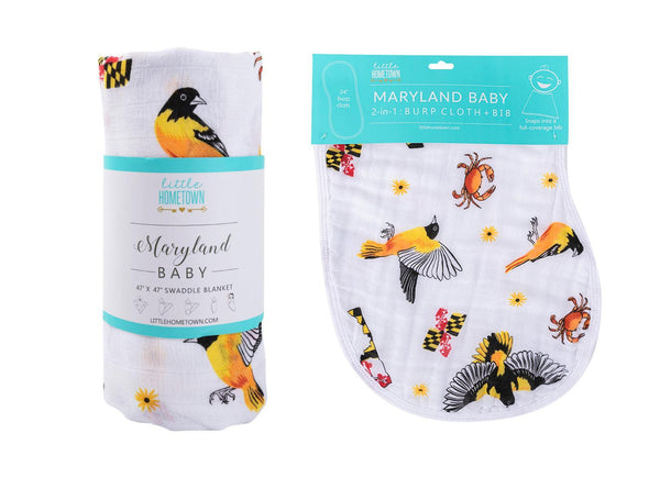 Little Hometown Gift Set: Maryland Baby Muslin Swaddle Blanket and Burp Cloth/Bib Combo