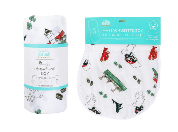 Little Hometown Gift Set: Massachusetts Baby Muslin Swaddle Blanket and Burp Cloth/Bib Combo