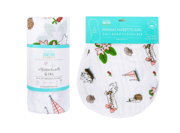 Little Hometown Gift Set: Massachusetts Floral Baby Muslin Swaddle Blanket and Burp Cloth/Bib Combo