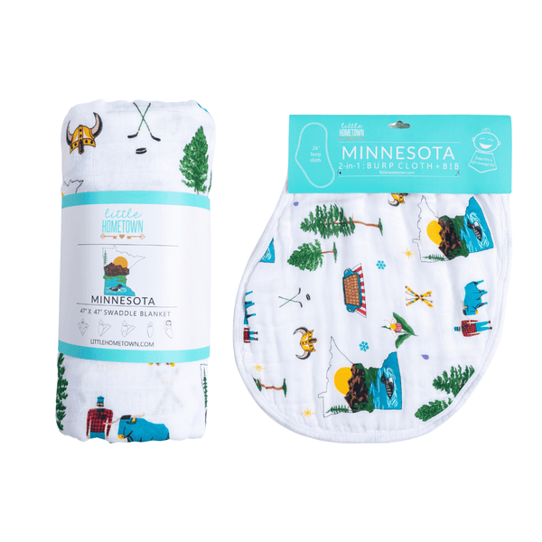 Little Hometown Gift Set: Minnesota Baby Muslin Swaddle Blanket and Burp Cloth/Bib Combo