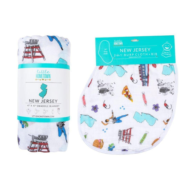 Little Hometown Gift Set: New Jersey Baby Muslin Swaddle Blanket and Burp Cloth/Bib Combo