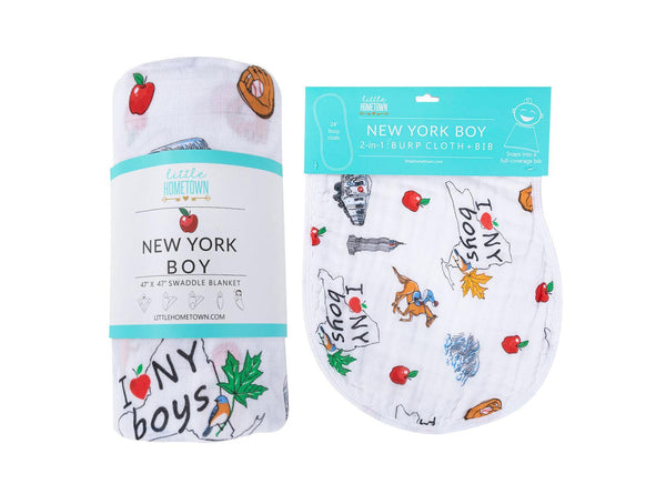 Little Hometown Gift Set: New York Baby Boy Muslin Swaddle Blanket and Burp Cloth/Bib Combo