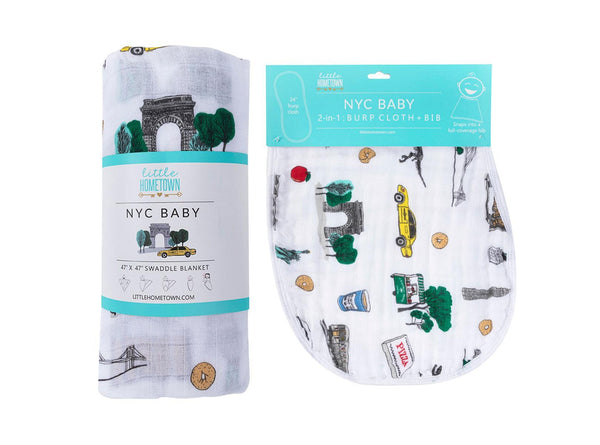 Little Hometown Gift Set: New York City Baby Muslin Swaddle Blanket and Burp Cloth/Bib Combo