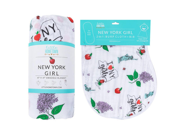 Little Hometown Gift Set: New York Girl Baby Muslin Swaddle Blanket and Burp Cloth/Bib Combo