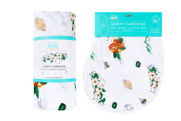 Little Hometown Gift Set: North Carolina Baby Muslin Swaddle Blanket and Burp Cloth/Bib Combo (Floral)