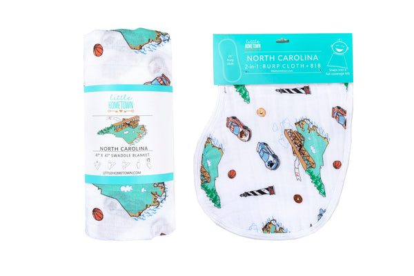 Little Hometown Gift Set: North Carolina Baby Muslin Swaddle Blanket and Burp Cloth/Bib Combo