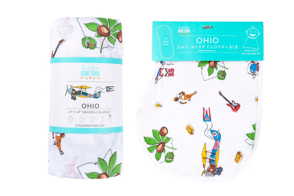 Little Hometown Gift Set: Ohio Baby Muslin Swaddle Receiving Blanket and Burp Cloth / Bib Combo