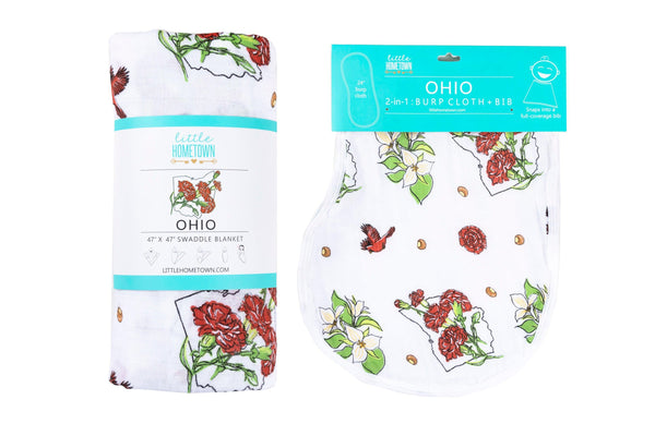 Little Hometown Gift Set: Ohio Baby Muslin Swaddle Receiving Blanket (Floral) and Burp/Bib Combo