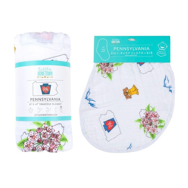 Little Hometown Gift Set: Pennsylvania Baby Muslin Swaddle Blanket and Burp Cloth/Bib Combo