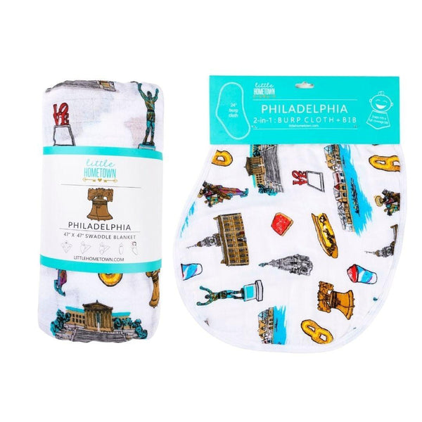 Little Hometown Gift Set: Philadelphia Baby Muslin Swaddle Blanket and Burp Cloth/Bib Combo