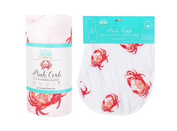 Little Hometown Gift Set: Pink Crab Baby Muslin Swaddle Blanket and Burp Cloth/Bib Combo