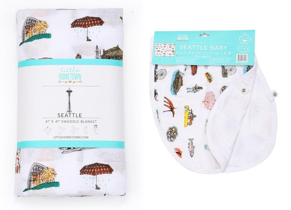 Little Hometown Gift Set: Seattle Baby Muslin Swaddle Blanket and Burp Cloth/Bib Combo