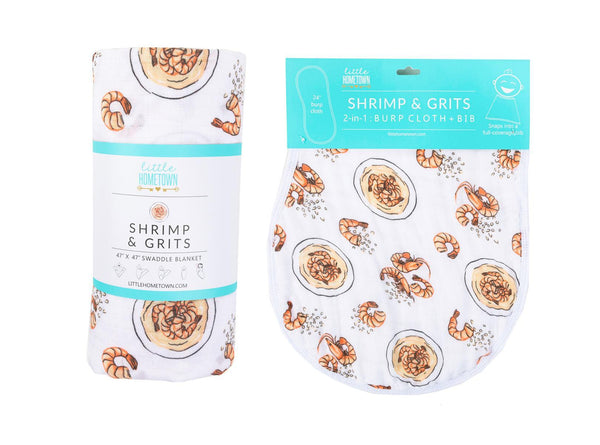 Little Hometown Gift Set: Shrimp'n Grits Baby Muslin Swaddle Blanket and Burp Cloth/Bib Combo