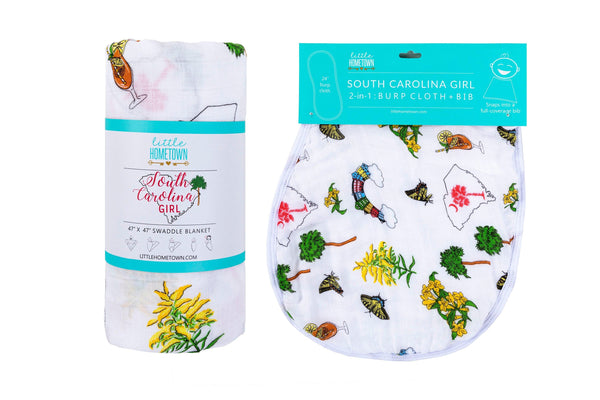 Little Hometown Gift Set: South Carolina Girl Baby Muslin Swaddle Blanket and Burp Cloth/Bib Combo