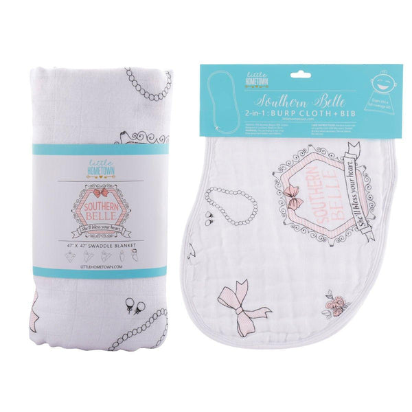 Little Hometown Gift Set: Southern Belle Baby Muslin Swaddle Blanket and Burp Cloth/Bib Combo