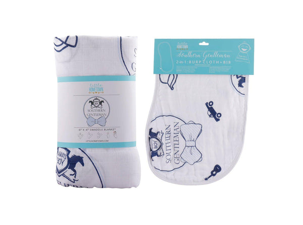 Little Hometown Gift Set: Southern Gentleman Baby Muslin Swaddle Blanket and Burp Cloth/Bib Combo