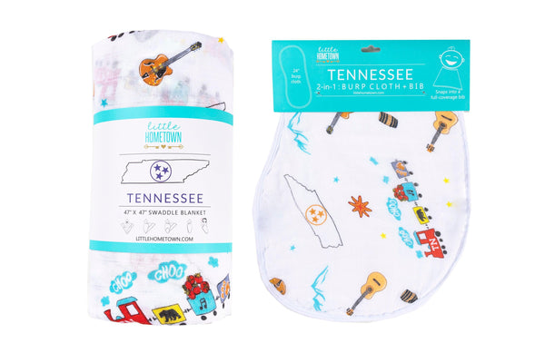 Little Hometown Gift Set: Tennessee Baby Muslin Swaddle Blanket and Burp Cloth/Bib Combo