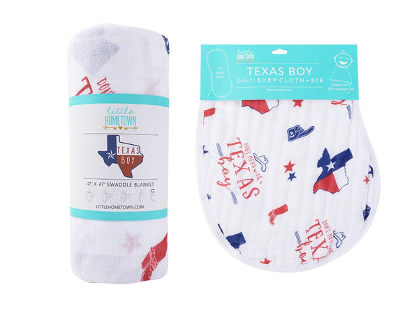 Little Hometown Gift Set: Texas Baby Boy Muslin Swaddle Blanket and Burp Cloth/Bib Combo