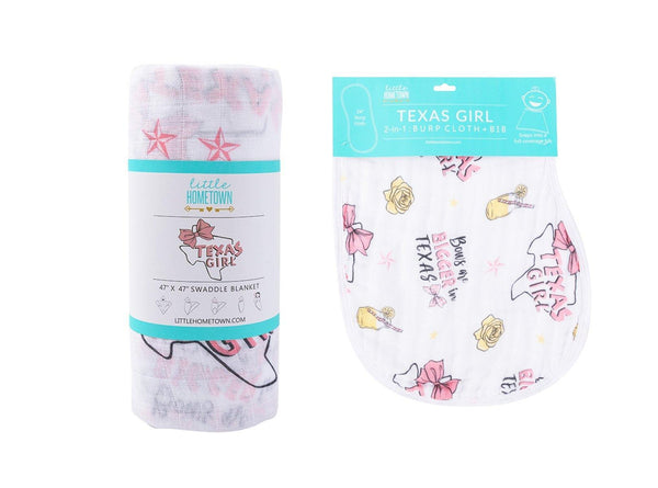 Little Hometown Gift Set: Texas Baby Girl Muslin Swaddle Blanket and Burp Cloth/Bib Combo