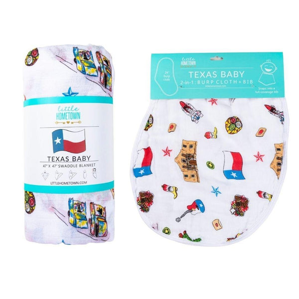 Little Hometown Gift Set: Texas Baby Unisex Muslin Swaddle Blanket and Burp Cloth/Bib Combo