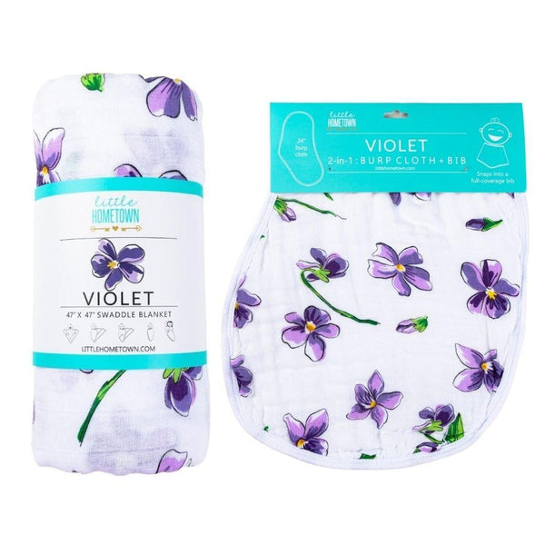 Little Hometown Gift Set: Violet Baby Muslin Swaddle Blanket and Burp Cloth/Bib Combo