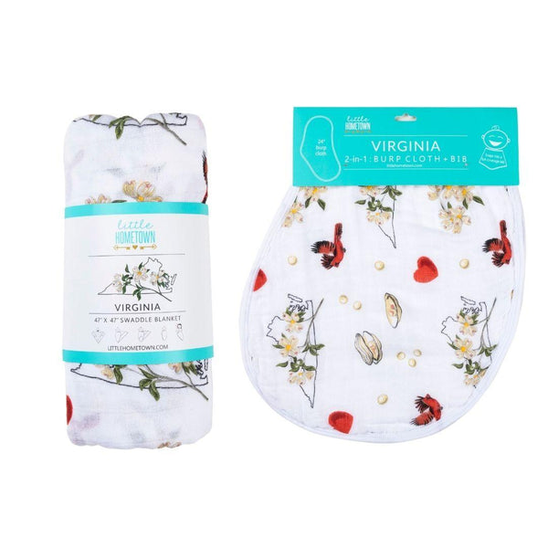 Little Hometown Gift Set: Virginia Baby Muslin Swaddle Blanket and Burp Cloth/Bib Combo (Floral)