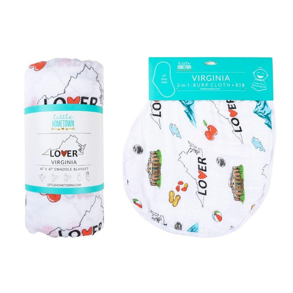 Little Hometown Gift Set: Virginia Baby Muslin Swaddle Blanket and Burp Cloth/Bib Combo