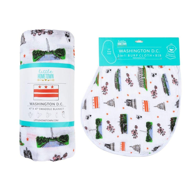 Little Hometown Gift Set: Washington D.C. Baby Muslin Swaddle Blanket and Burp Cloth/Bib Combo