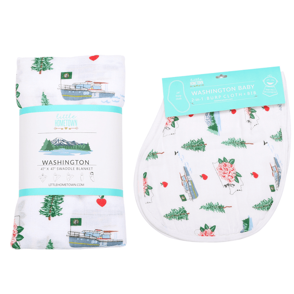 Little Hometown Gift Set: Washington (State) Baby Muslin Swaddle Blanket and Burp Cloth/Bib Combo