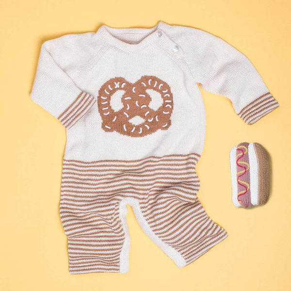 Estella Organic Baby Gift Sets, Handmade Romper with Pretzel Graphic & Hot Dog Rattle Toy