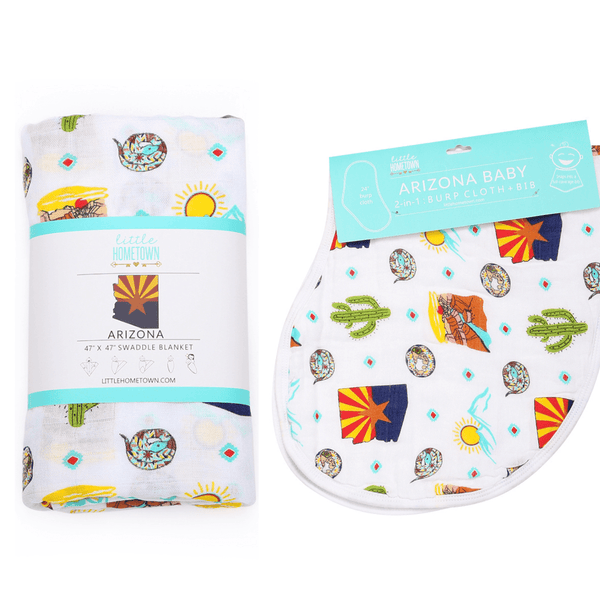 Little Hometown GiftSet: Arizona Baby Muslin Swaddle Blanket and Burp Cloth/Bib Combo