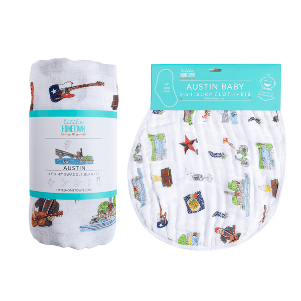 Little Hometown GiftSet: Austin Baby Muslin Swaddle Blanket and Burp Cloth/Bib Combo