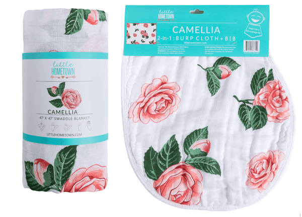 Little Hometown GiftSet: Camelia Baby Muslin Swaddle Blanket and Burp Cloth/Bib Combo