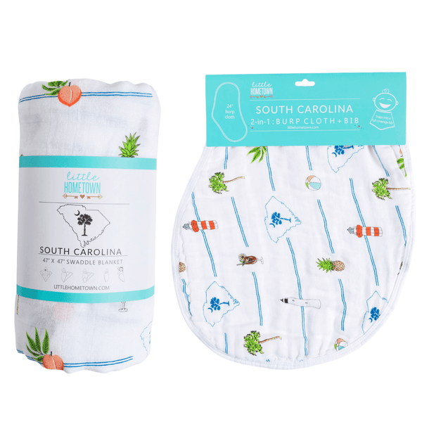 Little Hometown GiftSet: South Carolina Baby Muslin Swaddle Blanket and Burp Cloth/Bib Combo