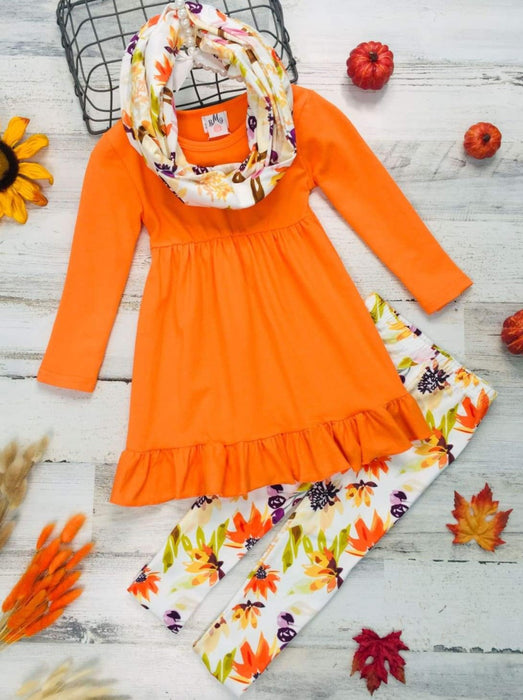 Mia Belle Girls Fancy Fall Florals Tunic, Leggings and Scarf Set