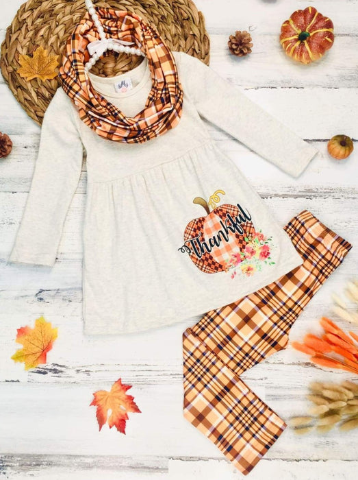 Mia Belle Girls Thankful Pumpkin Tunic, Plaid Leggings And Scarf Set