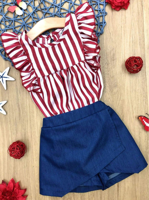 Mia Belle Girls Patriotic Red Striped Top and Blue Skort Set