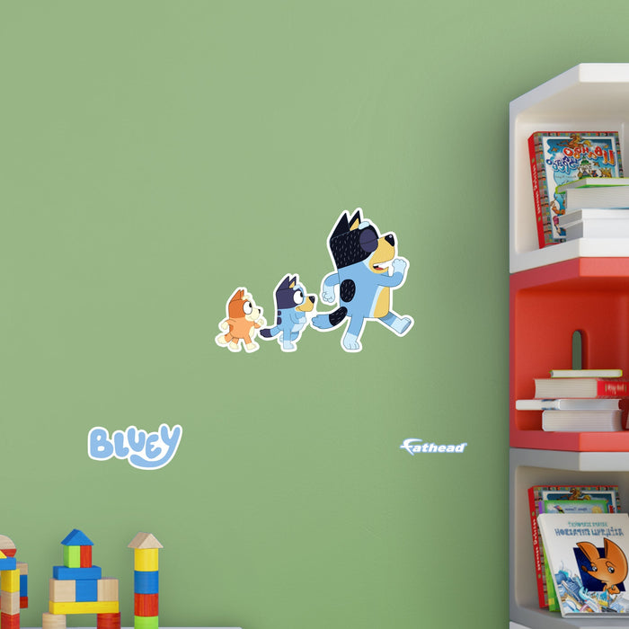 Fathead Bluey: Bandit, Bluey, Bingo Marching Icon - Officially Licensed BBC Removable Adhesive Decal