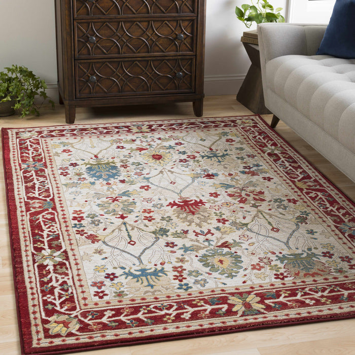 Hauteloom Neola White/Red Damask Area Rug